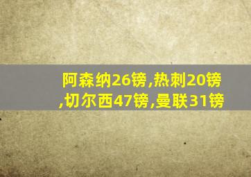 阿森纳26镑,热刺20镑,切尔西47镑,曼联31镑